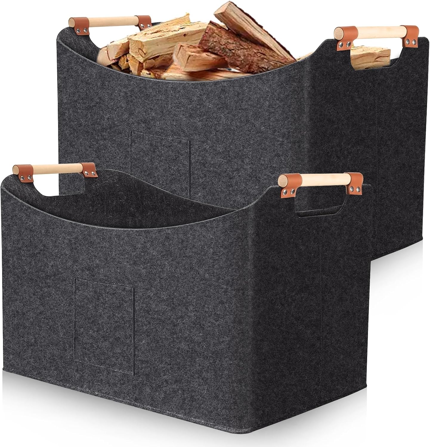 Set Mit 2 Holzkörben (67 L Und 96 L), Aus Filz Mit Holzgriffen, 5 Mm Dick, Zusammenklappbar, Robuster Holzkorb Für Kamin, Wohnzimmer, Garten Und Als Zeitungshalter