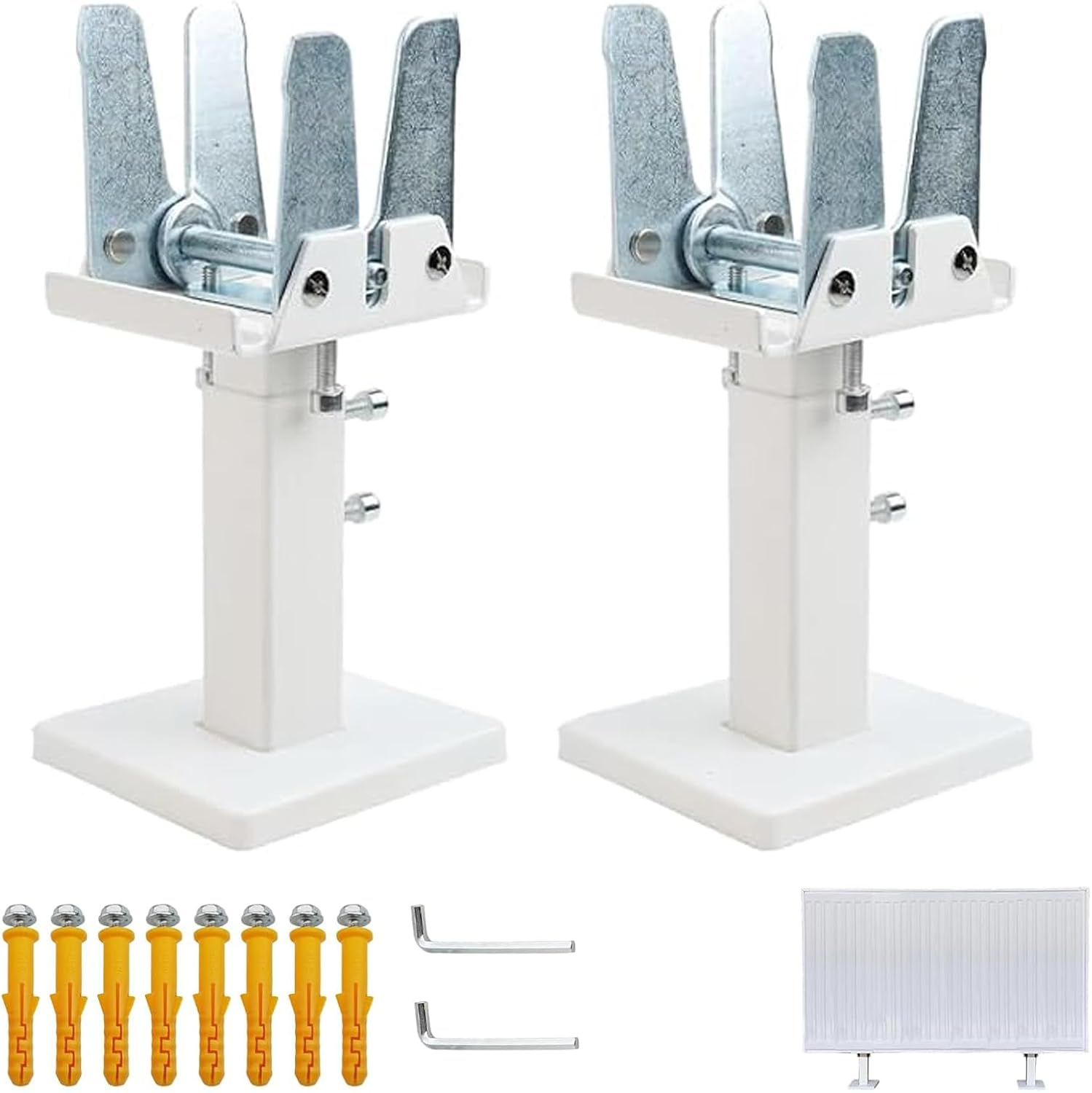 Set Mit 2 Heizkörperhalterungen – Bodenmontage – 14 Bis 21 Cm – Verstellbarer Stahl – Heizkörperfüße Für Plattenheizkörper – Weiß + Silber
