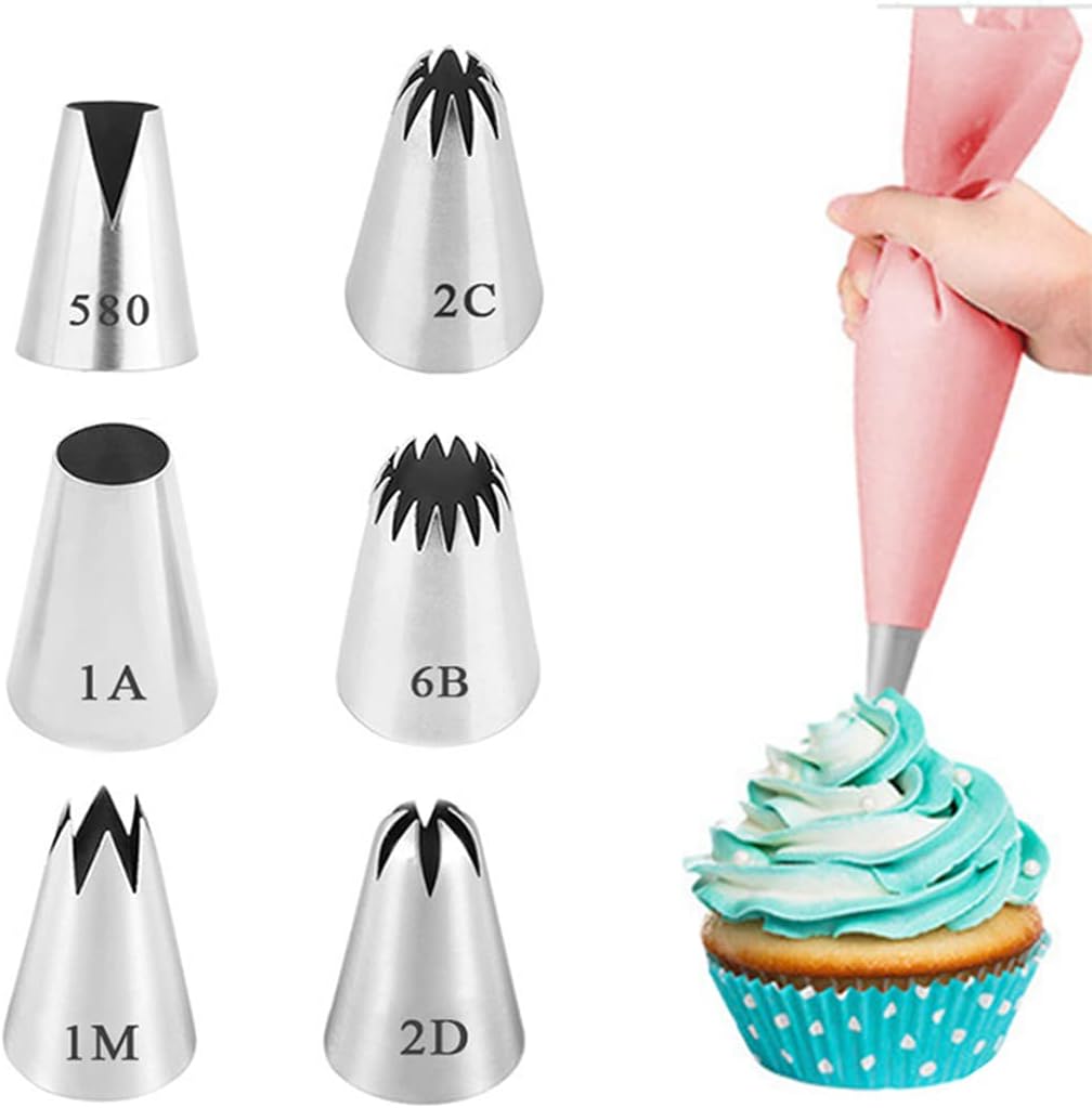 Set Mit 6 Großen, Professionellen Spritztüllen (580, 2d, 2c, 1m, 1a, 6b) Zum Dekorieren Von Kuchen Und Cupcakes – Kompatibel Mit Spritzbeuteln, Churros, Donuts, Mehrfarbig