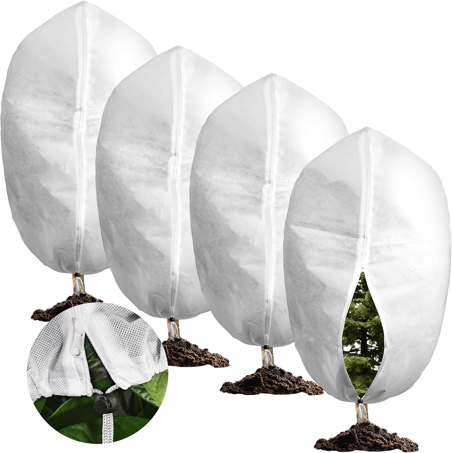 Winterabdeckung Für Pflanzen, 4er-set, 80 X 100 Cm, Mit Reißverschluss Und Kordelzug, 70 G/m², Schützend, Frost- Und Witterungsbeständig, Wiederverwendbar