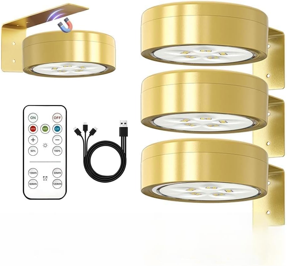 3er-set Magnetische Bilderleuchten Mit Fernbedienung, Wiederaufladbare Kabellose Led-bilderbeleuchtung, 3 Farben Und Timerfunktion, Kabellose Wandleuchte Für Bilder, Küche, Schrank (gold)