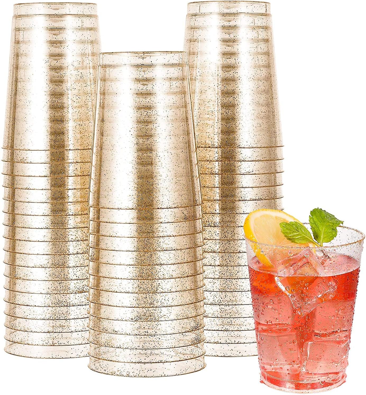 50 Stück Goldglitzernde Plastikbecher, 300 Ml Runde Weingläser, Transparente Dessertbecher, Perfekte Vorspeisenbecher, Wiederverwendbare Becher Für Whisky, Hochzeiten, Partys (7,5 X 9,5 Cm)