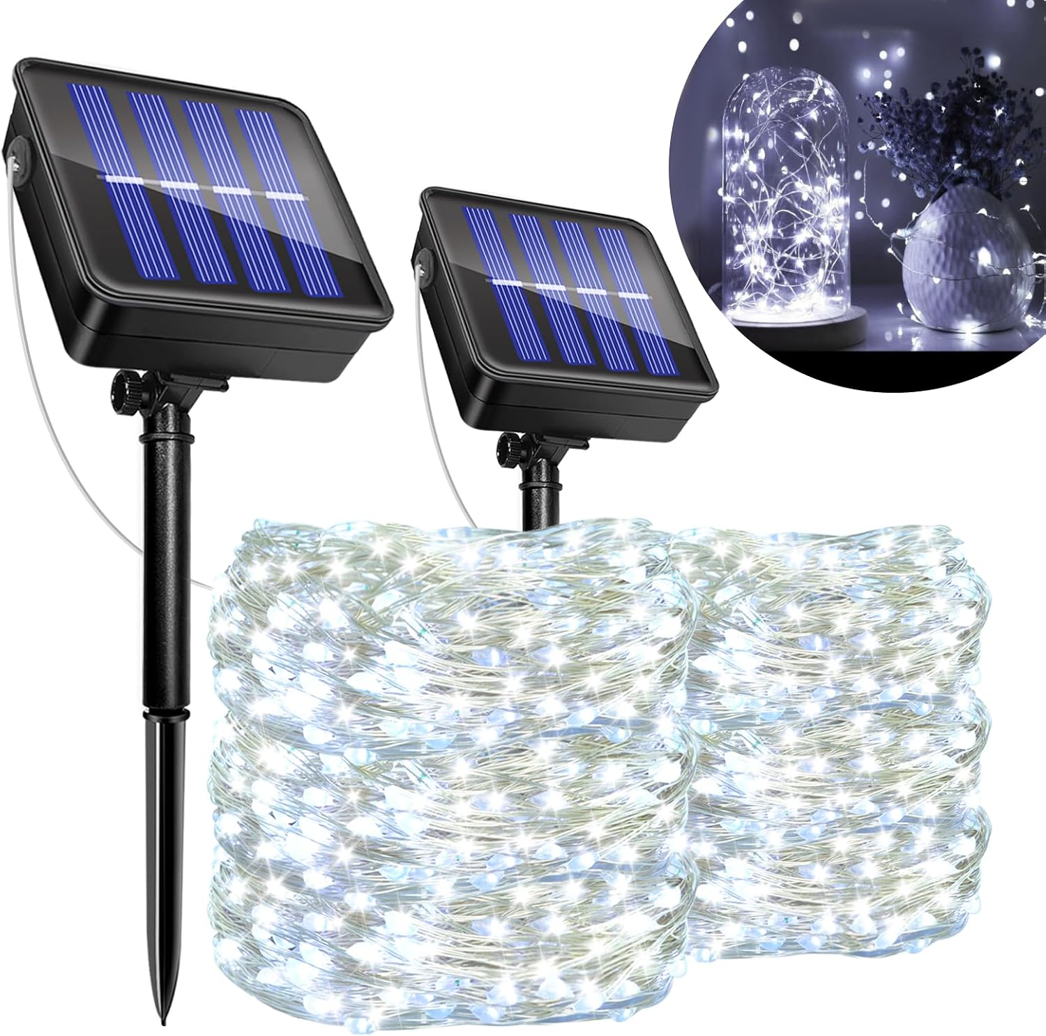 Set Mit 2 Solar-lichterketten Für Den Außenbereich, 12 M Lange Solar-gartenlichterkette Mit 120 Leds, 8 Modi, Ip65 Wasserdicht, Innen-/außendekoration Für Weihnachtsbaum, Garten, Terrasse, Balkon (kal