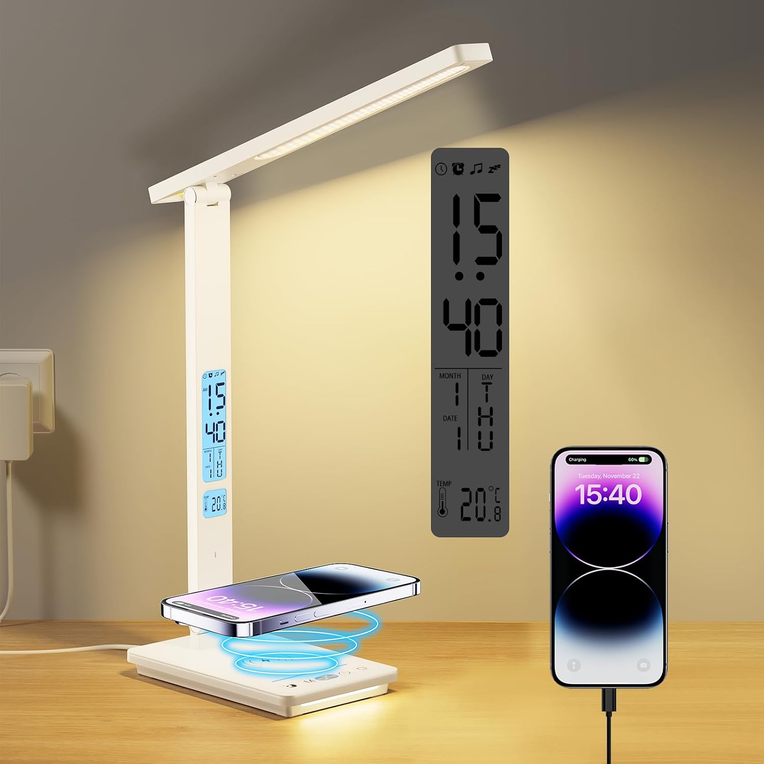 Led-schreibtischlampe Mit Kabellosem Ladegerät Und Usb-anschluss, 5-farbiger Helligkeitsregelung Per Touch-steuerung, Nachttischlampe Mit 2 Nachtlichtern, Großem Lcd-display Mit Uhr- Und Temperaturanz