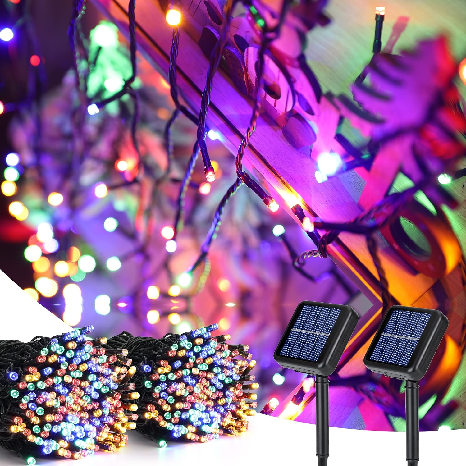 Brizlabs Solar-lichterkette Für Den Außenbereich, [2er-pack] 22 M, 200 Leds, 8 Modi, Wasserdicht, Halloween-beleuchtung Für Garten, Balkon, Terrasse, Zaun, Bäume, Partys, Mehrfarbig