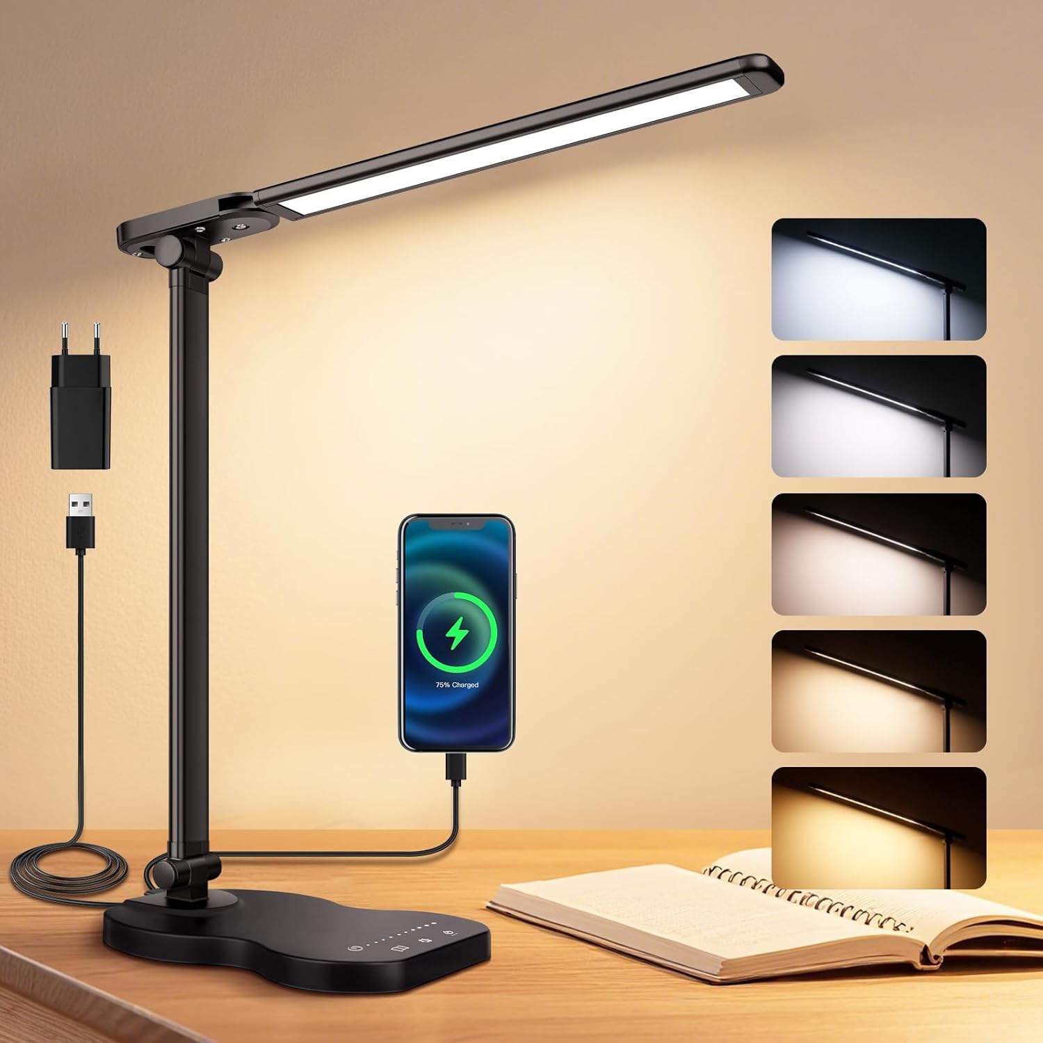 Led-schreibtischlampe, Dimmbare Nachttischlampe, 5 Farbmodi, 10 Helligkeitsstufen, Mit Timerfunktion, Touch-bedienung, Usb-c-anschluss, Augenschonende Leselampe – Schwarz