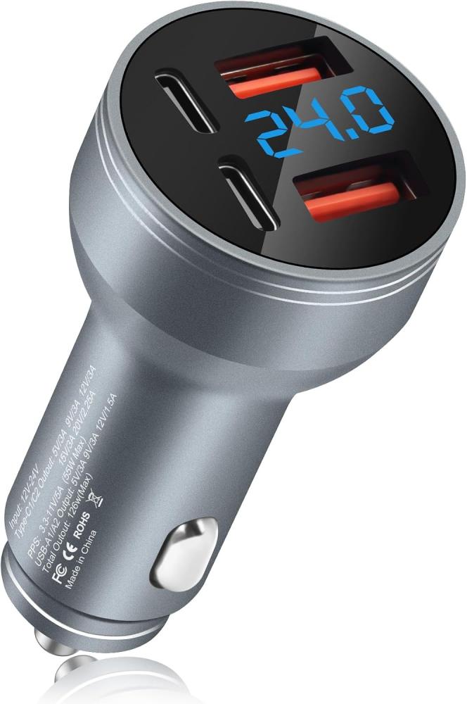 Zigarettenanzünder-ladegerät126-w-autoladegerät Mit Usb-c-anschluss, 4 Ports, Vollmetallgehäuse, Dual-45-w-pd Und Dual-18-w-qc3.0