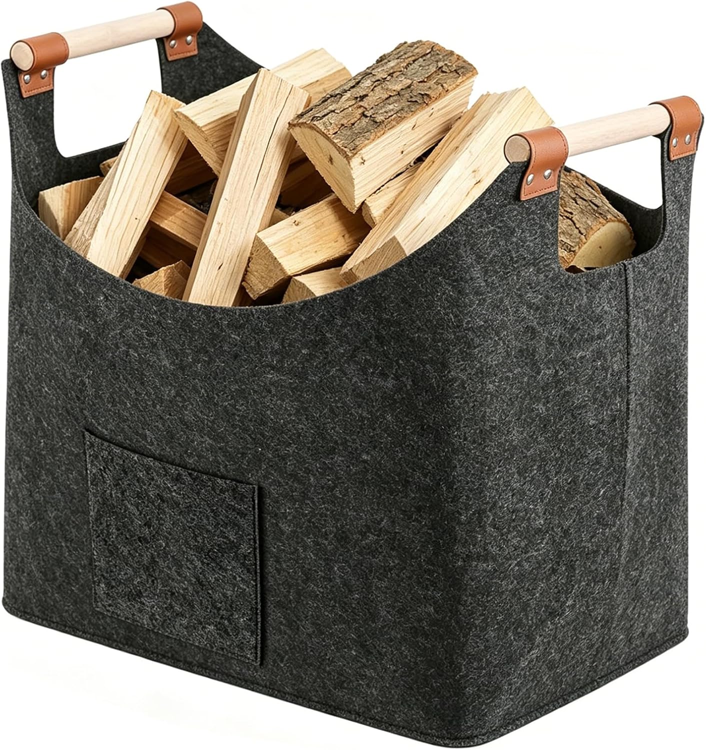 Mit Filz Ausgekleideter Holzkorb Mit Verstärkten Griffen, 45 X 32 X 40 Cm, 60 L, Brennholztasche Mit Vordertasche, Zur Aufbewahrung Von Brennholz (dunkelgrau)