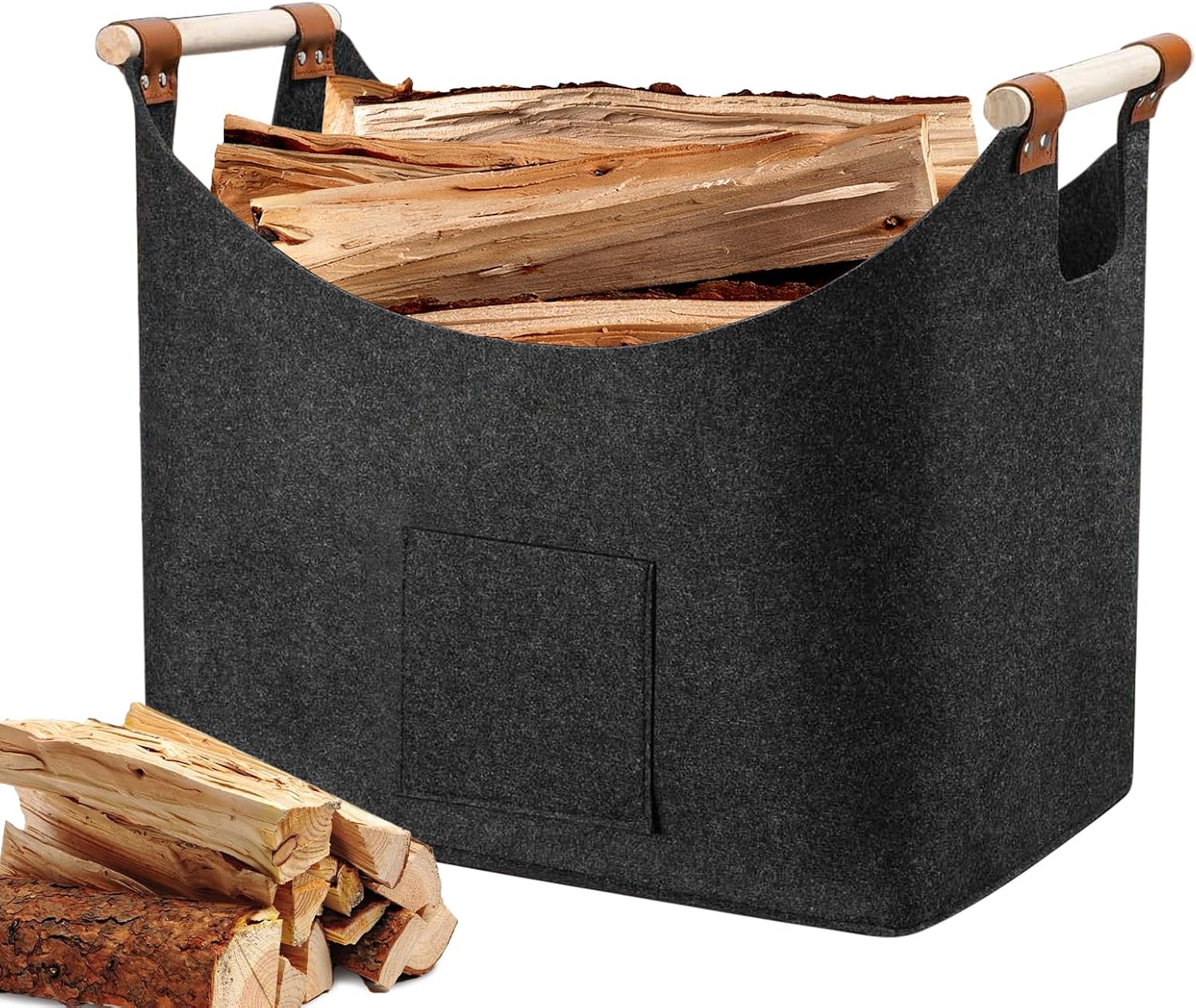 Xl-holzkorb, Holzkorb Mit Verstärktem Griff, Aufbewahrungskorb, Brennholzsack Für Den Kamin, Filzsack, Für Zeitungen, Spielzeug, Zeitschriften (45 X 32 X 40 Cm)