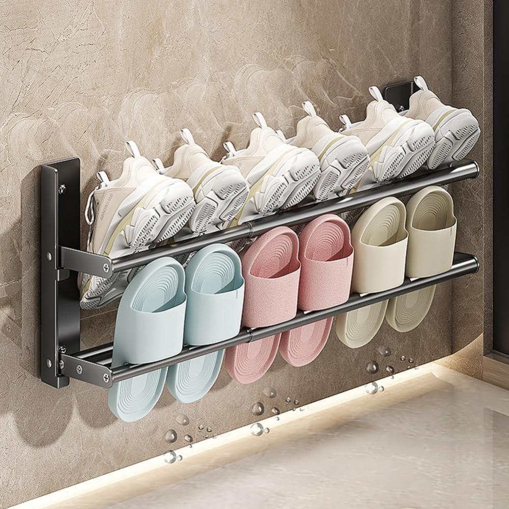 2-stöckiges Schuhregal Aus Metall, Ausziehbar Von 37-67 Cm, Schmaler, Wandmontierter Schuhorganizer Für 6 Paar Schuhe