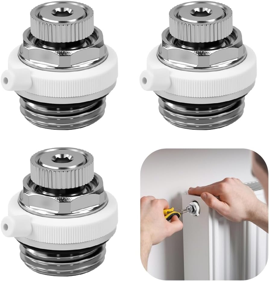 Automatisches Entlüftungsventil Für Heizkörper 1/2" Silber – Hochwertiges, Vernickeltes Messing, Rostfrei – 3-teiliges Set – Silikondichtung – Automatische Entlüftung – Für Zusatzstofffreies Wasser