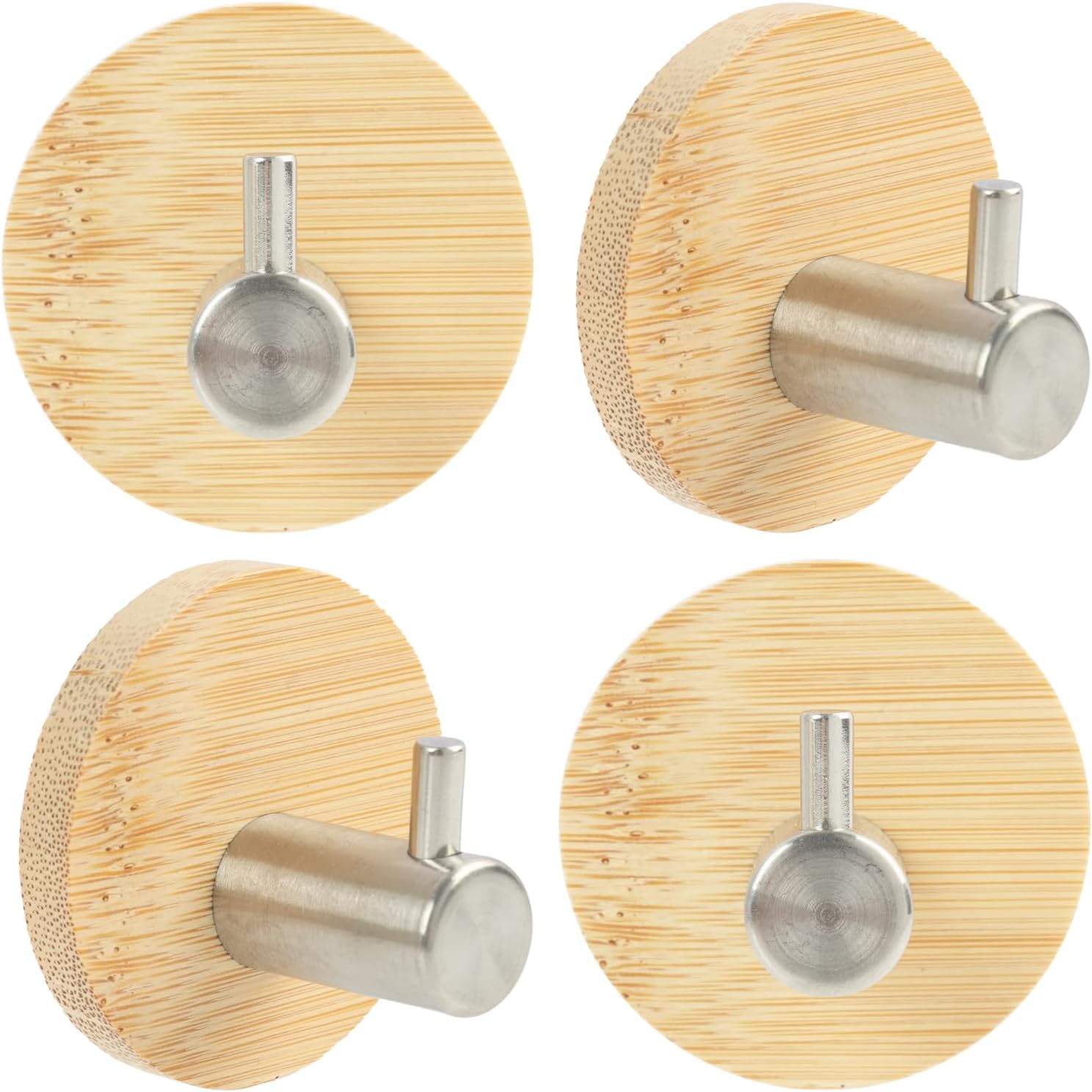 4-teiliges Set Selbstklebender Wandhaken Aus Edelstahl Und Bambus, Extrem Robust Für Küche Und Bad, Zur Wandmontage Ohne Bohren, Wiederverwendbar Und Langlebig.