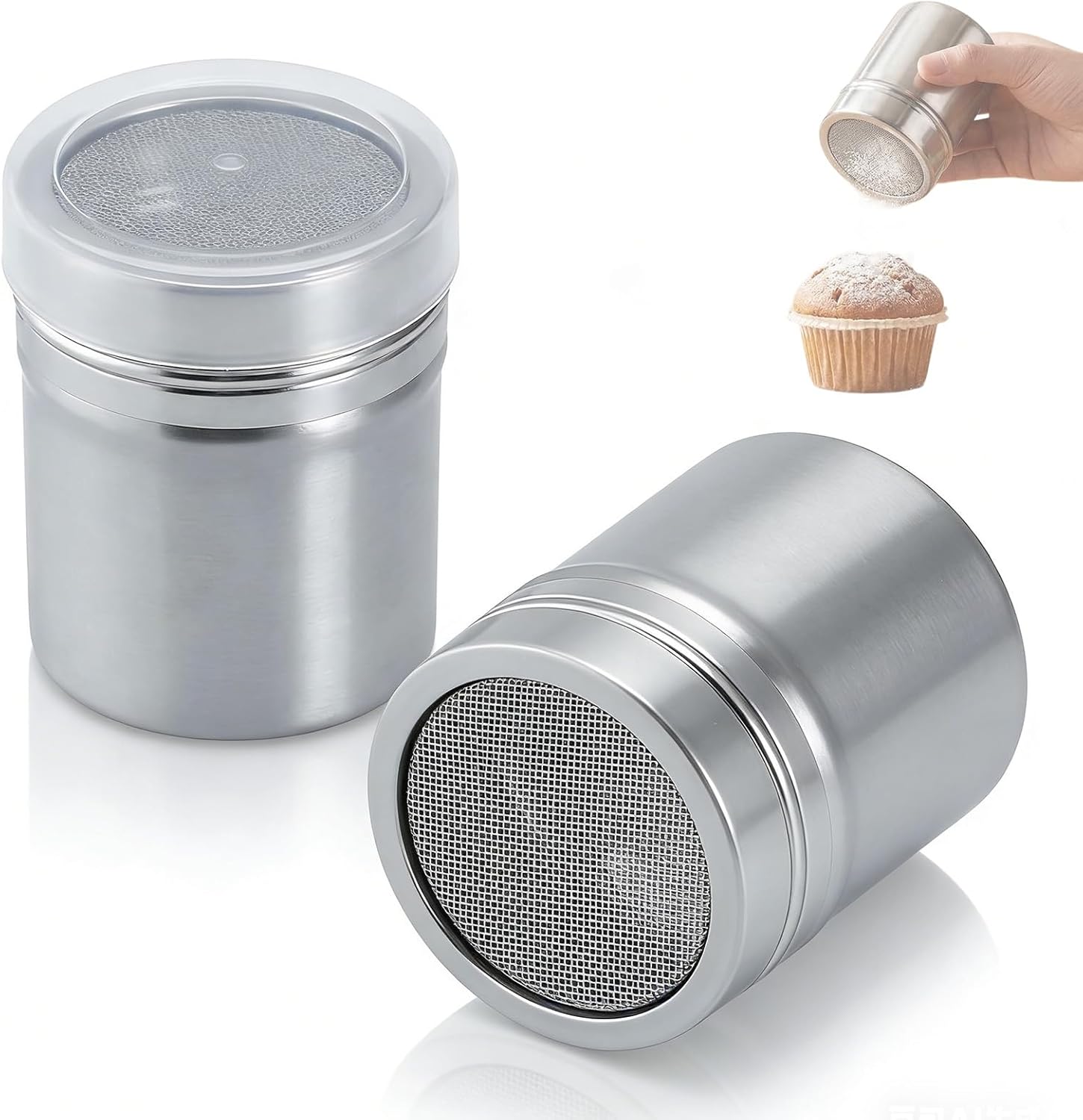 Set Aus 2 Edelstahl-streuern, Ideal Für Kakao, Puderzucker, Salz, Mehl Und Kaffee – Ein Vielseitiges Accessoire Für Küche Und Backen.