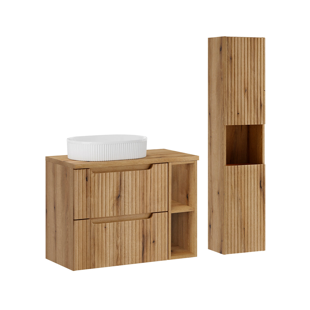 Waschtisch Set Einzelwaschbecken 80cm 2 Schubladen 2 Fächer Und Hochschrank Riva Holz