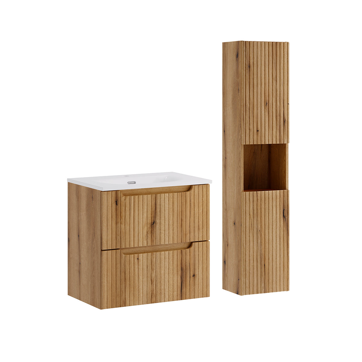 Waschtisch-set Mit Einbauwaschbecken (60 Cm), 2 Schubladen Und Hochschrank „riva Bois