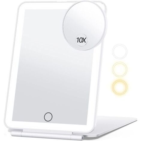 Miroir De Maquillage De Voyage Mit Vergrößerung 10x, Miroir De Courtoisie With Éclairage 3 Couleurs, Miroir De Maquillage Portable With Éclairage (blanc)