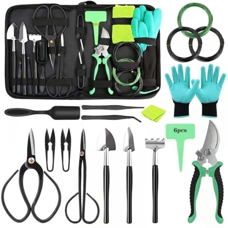 Kit Débutant Bonsaï 24 Pièces - Coffret Outils Professionnels Avec Sac De Rangement (mini Pelle, Truelle, Râteau + Gants) - Ensemble Jardinage Bonsaï Complet
