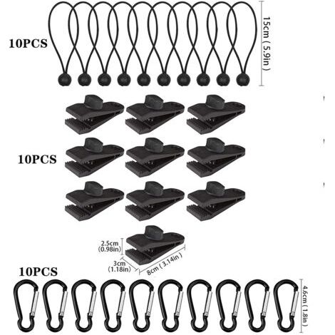 Set Mit 30 Clips Für Zeltplanen, 10 Stück Planenklemmen-verriegelungsklemme, 10 Stück Elastisches Seil Für Tenda Aus Nylon, 10 Karabiner, Für Zelte, Camping, Markisen, Abdeckplanen, Wohnwagen