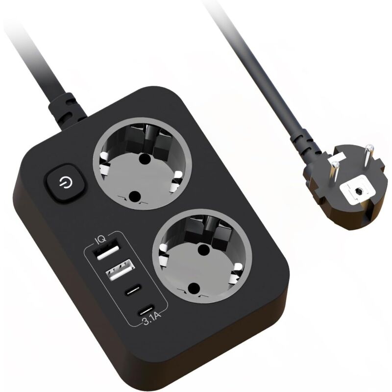 Usb-steckdosenleiste, 6-in-1-usb-wandsteckdose, 2 Steckdosen Mit 2 Usb-a-anschlüssen, 2 Usb-c-anschlüssen, Kompakte Wandsteckdosenleiste Mit Schalter Für Unterwegs, Schwarz