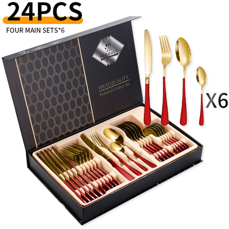 24-teiliges Besteckset Aus Edelstahl - Für 6 Personen - Rot/gold