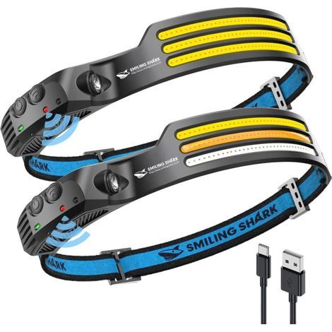 Smiling Shark Lampe Frontale, 2 Teile, 230°winkel, Große 3led-leuchtbänder, Mehrere Farben, Wiederaufladbar Und Capteur De Motion Étanche Pour Le Camping La Randonnée, Lampe-frontale-le
