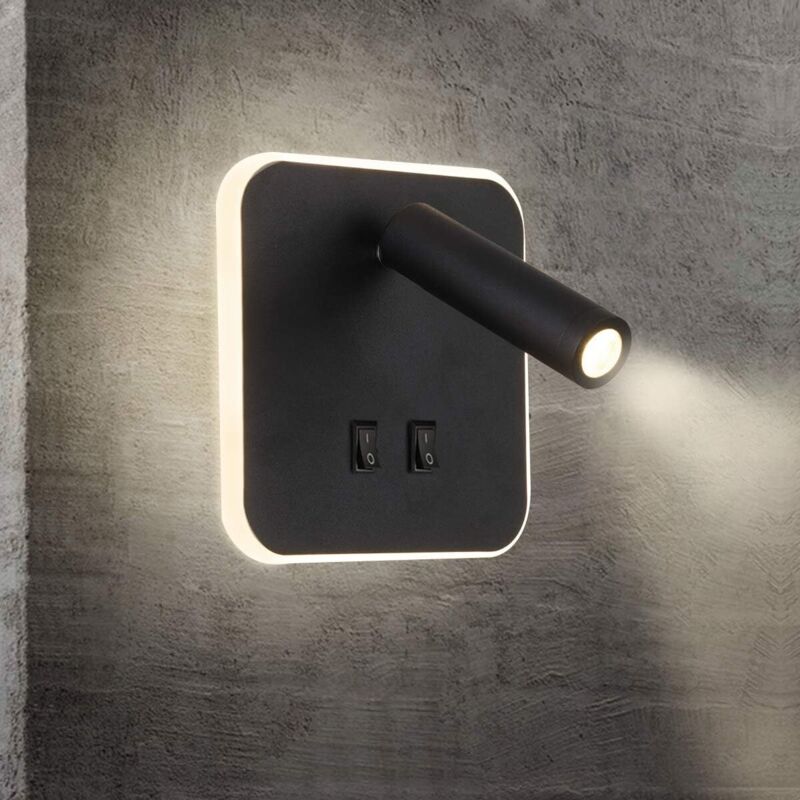Led-wandleuchte Für Nachttisch, Hotel-innenbeleuchtung, Nachttischlampe, Flurlampe Mit Schalter, Schwarz, 3 W + 10 W (quadratisch)