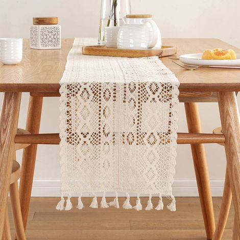 Chemin De Table Beige Mit Pompons, 24 X 180 Cm, Chemin De Table Vintage Und Dentelle Mit Pompons.