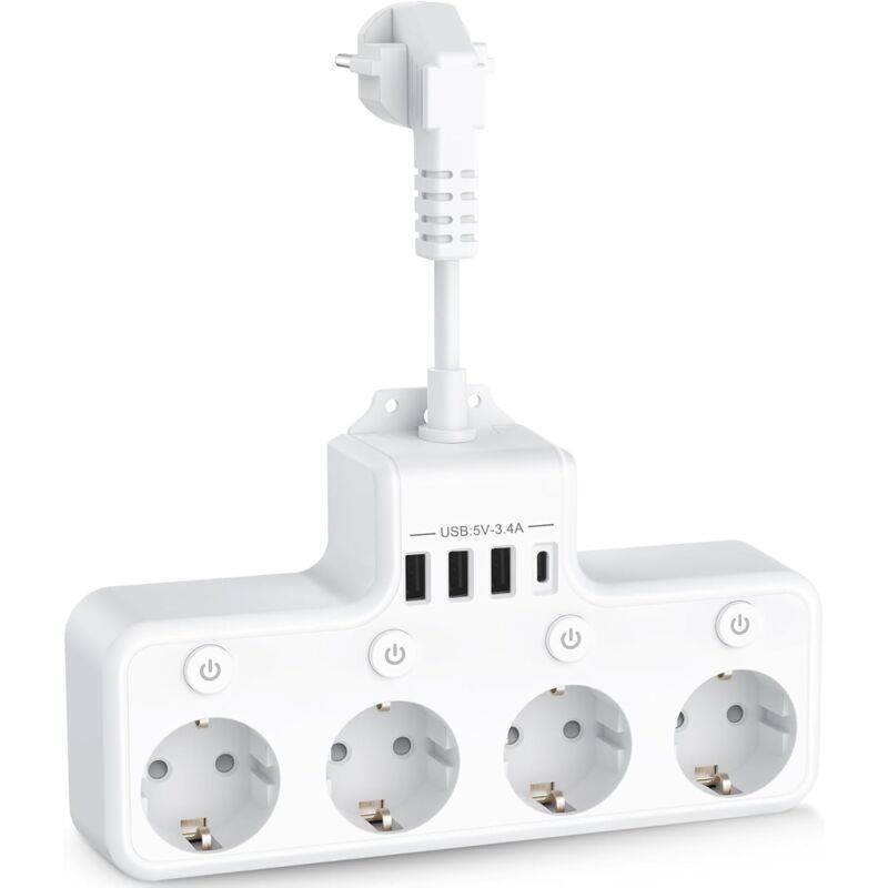 8-in-1-usb-steckdosenleiste, 4 Steckdosen Mit 4 Usb-anschlüssen, Reiseladegerät (5 V/3 A, 5 V/2,4 A), Elektrische Mehrfachsteckdose, 3680 W, 16 A Mit 4 Mehrfach-einzelschaltern Für Zuhause, Büro, Weiß
