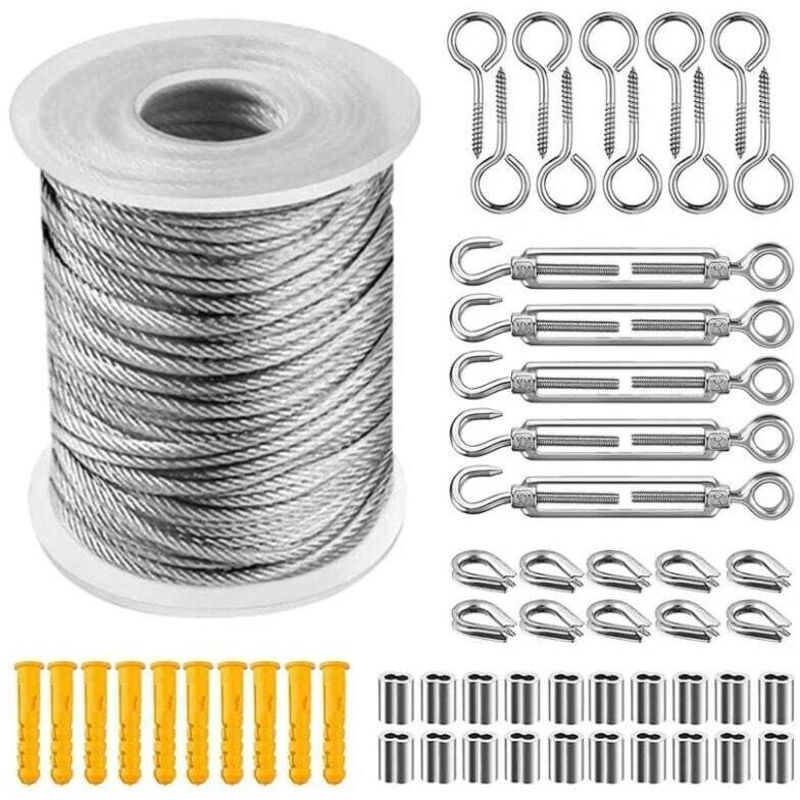 Promotion Corde En Acier Inoxydable À Suspendre Kit, Câble En Acier Inoxydable Revêtu De Nylon, Tendeur Cable Acier Pvc, Pour Corde De Tente, Corde À Linge, Lustre D'Extérieur, Garden (30m)