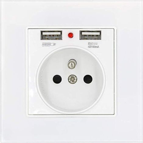 Prize De Courant Panneau En Verre Prize Standard Français Murale Mit Indicateur De Puissance De Charge Usb Double 2.1a, Prize Standard Français Encastrée 16a 250v Blanc
