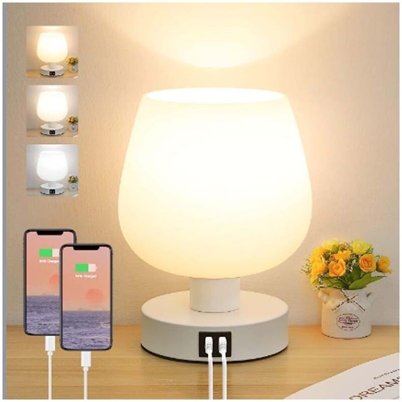 Taktile Chevet-lampe, Schreibtischlampe Mit Usb-a+c-ladeanschlüssen, 3-stufige Variable Intensität, Abat-tageslicht In Glasweiß, Kleine Tischlampe Mit Kordel Für Kinderzimmer