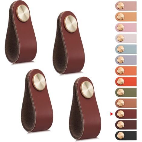 Set Mit 4 Schranktürgriffen Aus Leder Und Messing, Burgunderrot, Länge 65 Mm, Schubladengriffe Mit Schrauben, Geeignet Für Schränke