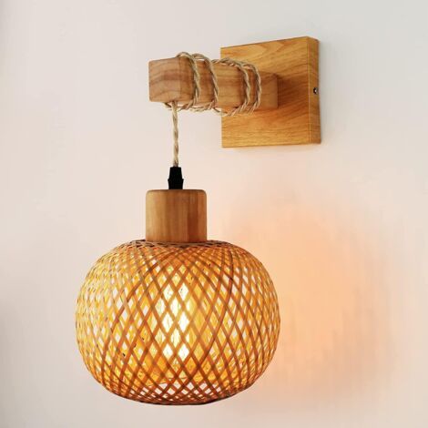 Industrielle Wandleuchte Für Den Innenbereich, Vintage-käfigstil, E27-sockel Aus Metall Und Holz Mit Rattan-lampenschirm Für Wohnzimmer, Esszimmer, Flur, Holzfarbe (glühbirne Nicht Im Lieferumfang Ent