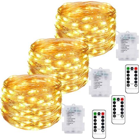 3-teiliges Set Mit 10 M Langen 100-led-leuchten – 2700 K Starkes Licht – 8 Modi Mit Fernbedienung – Ip65-außenbereich