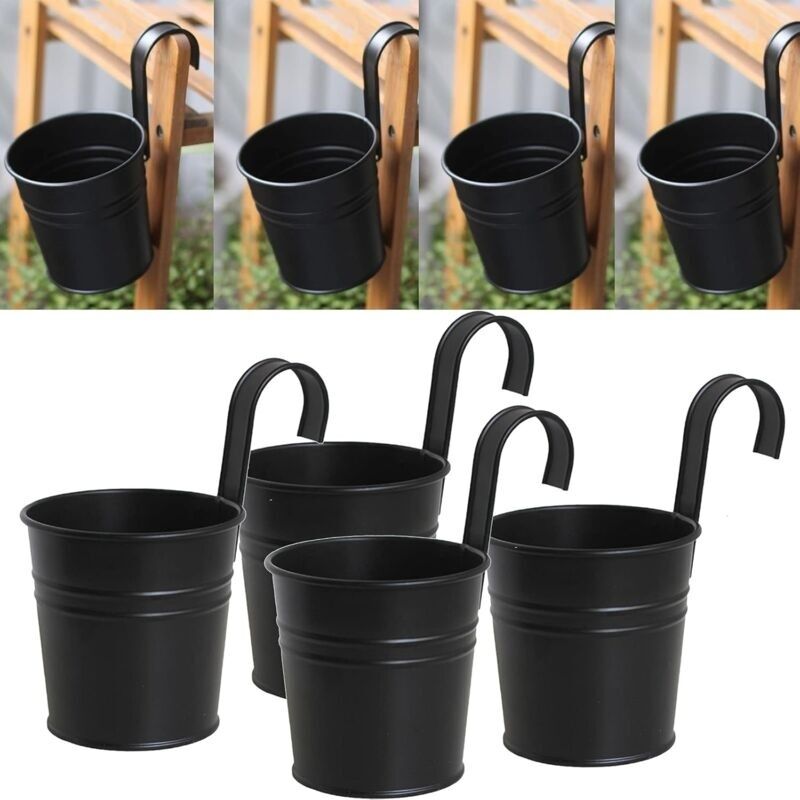 Set Mit 4 Hängenden Blumentöpfen Aus Schwarzem Metall Mit Beweglicher Häkelarbeit Für Außen-, Innen-, Wand-, Balkon-, Garten- Und Hausdekoration