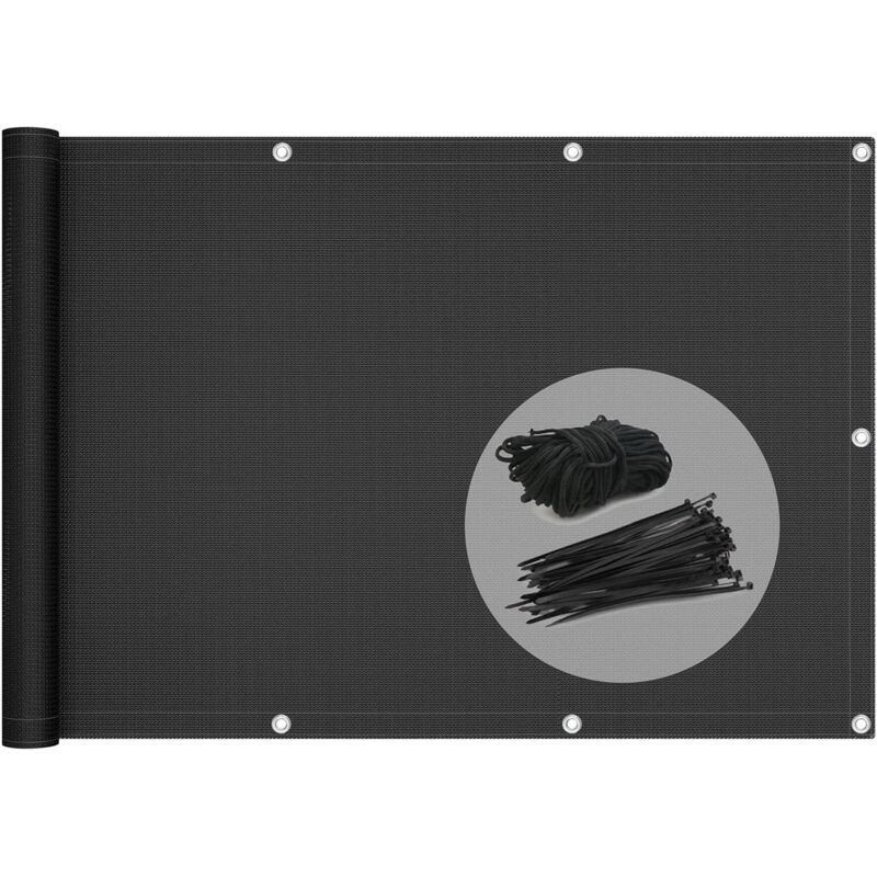 Balkon-sichtschutz 100 % Hdpe 200 G/m², Uv-schutz, Reiß- Und Windfest, Mit Bändern Und Kordeln, 500 X 90 Cm, Schwarz