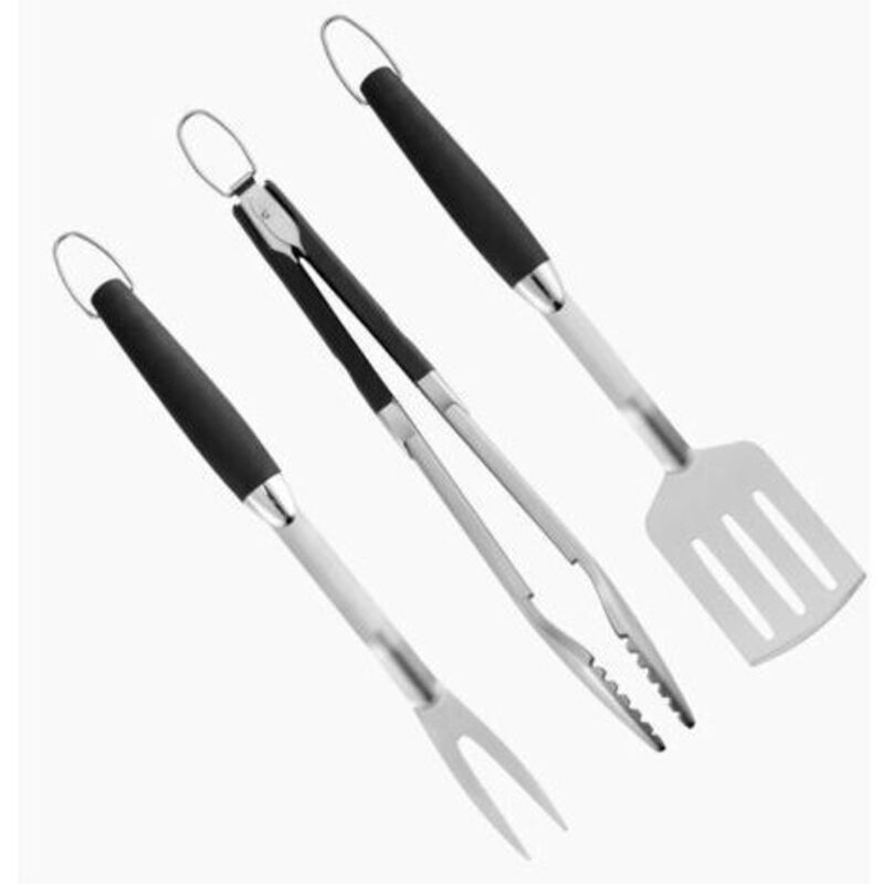 Das Grillzubehör-set Besteht Aus Zwei Teilen, Bestehend Aus Einer Zange, Einem Spatel Und Einem Vierteiligen Set Aus Grillutensilien.
