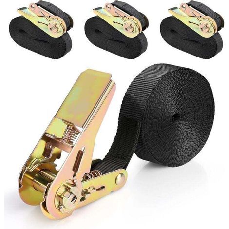 Lot De 4 Sangles D'Arrimage À Cliquet 2 Mètres 25 Mm 800 Kg Tendeur Câble Frein Noir