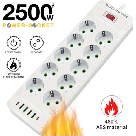 Multiprise Usb 10 Prises Mit 4 Ports Usb-ladegerät (5v3,1a) 1 Usb C, Multiprises Electrique 2500w 10a Mit Kabel 2m, Maison, Bureau-blanc