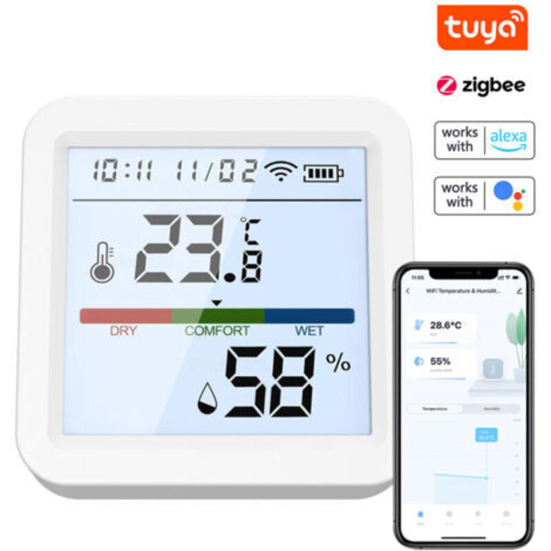 Feuchtigkeits- Und Temperaturtest, Lcd-display, Mobile Anwendung, Fernsteuerung, Intelligente Verbindung, Kompatibel Mit Alexa Und Home Für Die Sprachsteuerung