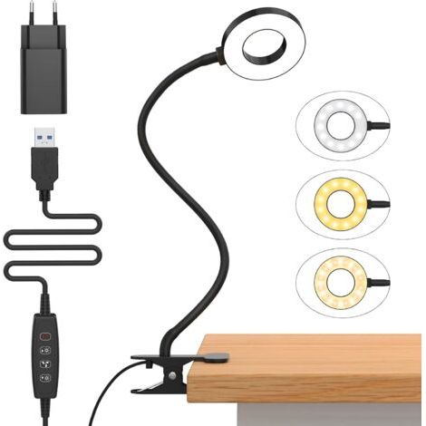 10-w-bürolampe Mit Pinzette Und Usb-adapter [3 Beleuchtungsmodi Und 10 Leuchtstufen] Flexibel Um 360° Drehbar, Steckbar, 50 Cm Büro-led-lampe Für Zuhause/büro [energieklasse