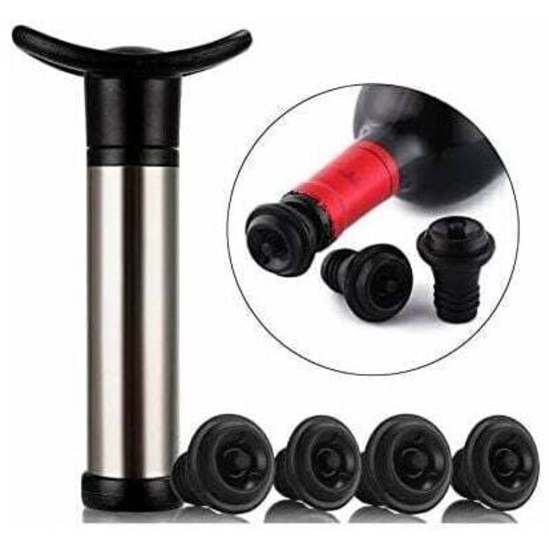 Pompe À Vin Pompe À Vide En Acier Inoxydableutilisée Pour La Conservation Du Vin, La Pompe À Vin Wird Verwendet, Um Die Luft Zu Entfernen Und Die Konservierung Des Vins Sous Vide, Mit 4 Flaschen