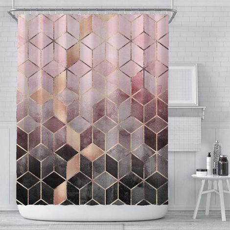 Rideau De Douche Tissu 180x180 Cm En Marbre Rose, Gitter Moderne Géométrique Ombre Rideaux De Douche Roses Et Gris, Rideaux De Salle De Bain Lavables Imperméables Pondérés