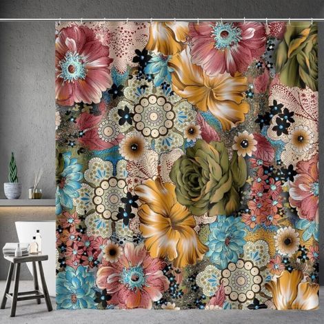 Böhmischer Blumen-duschvorhang, Mehrfarbiger Blumendruck, Duschvorhang Im Böhmischen Ethno-stil Mit 12 Haken Für Badezimmer-dekor-zubehör, Badewannenvorhang, 180 X 180