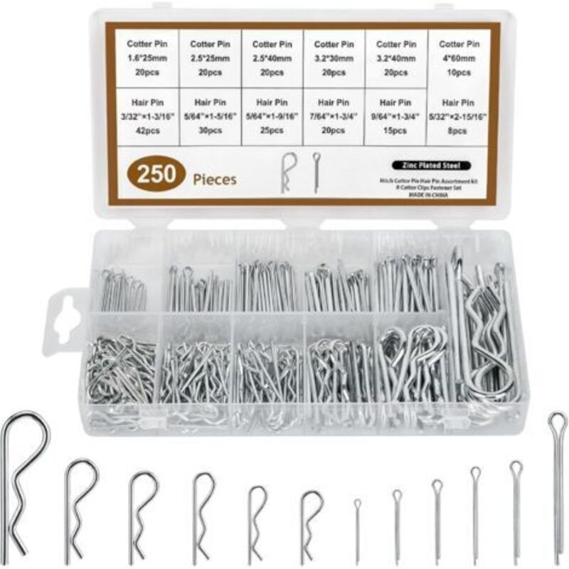 Pr Jeu De Goupilles Fendues 250 Piece, Goupille Fendue, Différentes Goupille En R Galvanisé Cotter Pin Ressorts De Montage For Cars, Mécaniciens, Garages, Équipement De Puissance, Etc.