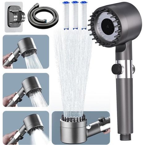 Pommeau De Duche Haute Pression, Pommeau De Duche Economie Deau Mit Tuyau Douche 1.5m Und Support, Salle De Bain Reglable À 4 Modes, Pommeau De Douche Anti Calaire Bouton D'Eau