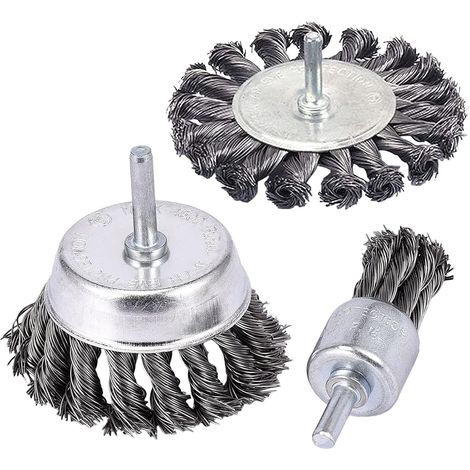 Set Mit 3 Gezopften Drahtbürsten Mit 6,35 Mm (1/4 Zoll) Griffen, 76,2 Mm (3 Zoll) Und 25,4 Mm (1 Zoll) Abgewinkelten Endbürsten Zur Rostentfernung