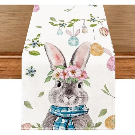 Paques Chemin De Table, Lapin Œufs De Pâques Fleurs Chemin De Table Toile De Jute Œufs De Pâques Feuilles Vertes Burlap 13x72in