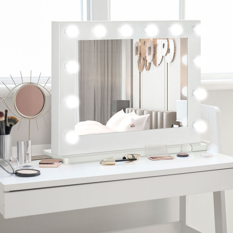 Hollywood Beleuchteter Schminkspiegel 12 Led-touchscreen – Einstellbare Helligkeit, Memory-funktion – Weißes Mdf-metallglas