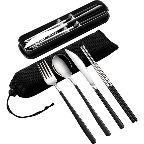 Ensemble Aus 4 Bezügen Aus Rostfreiem Edelstahl (18/10) Mit Etui, Viereckig/beschläge/beschnitten/baguettes, Silber/schwarz.